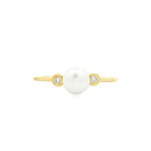 Biwa pearl ring with diamonds in 14k gold