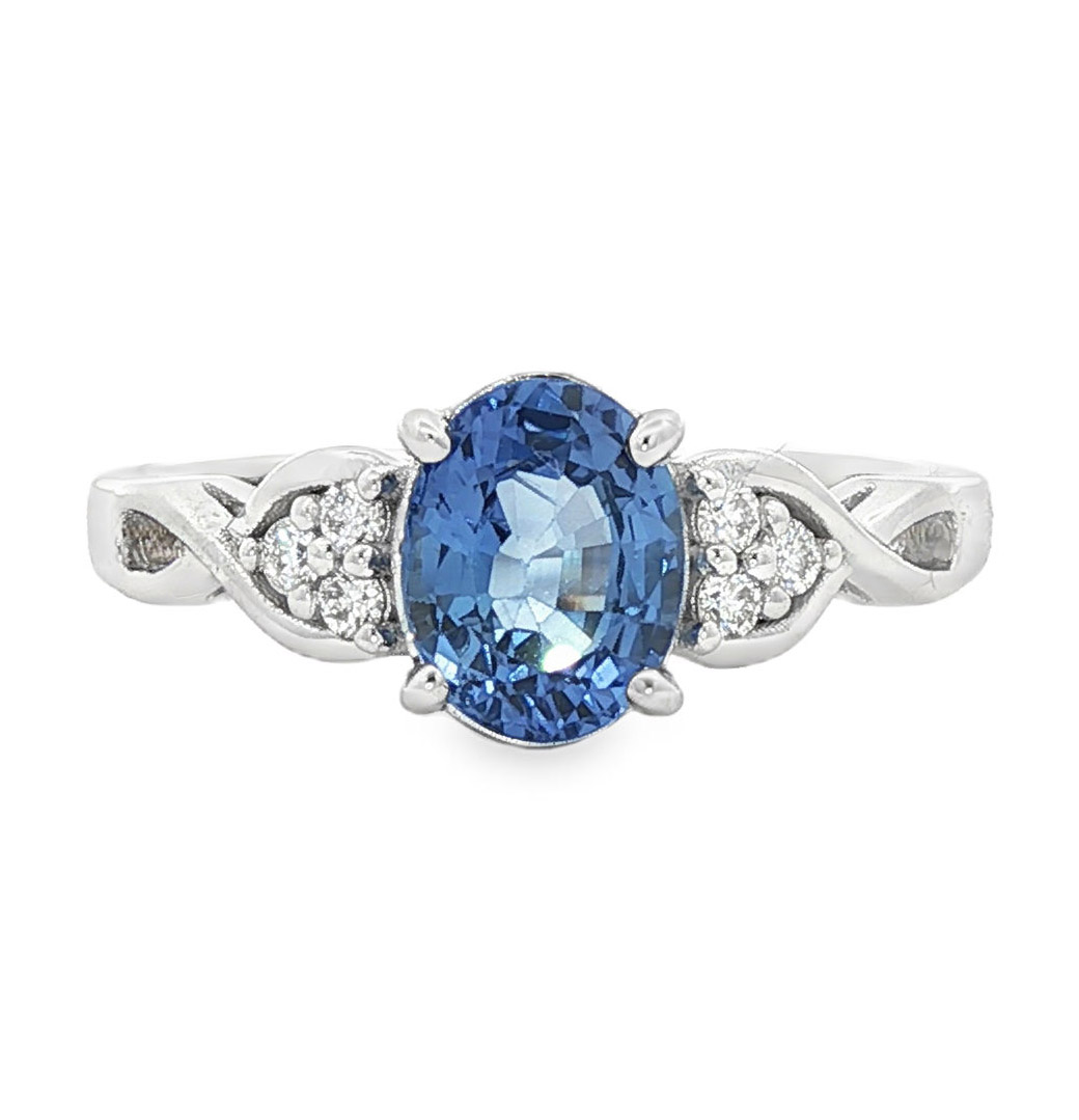 Blue Sapphire and Diamond Ring in 18K White Gold