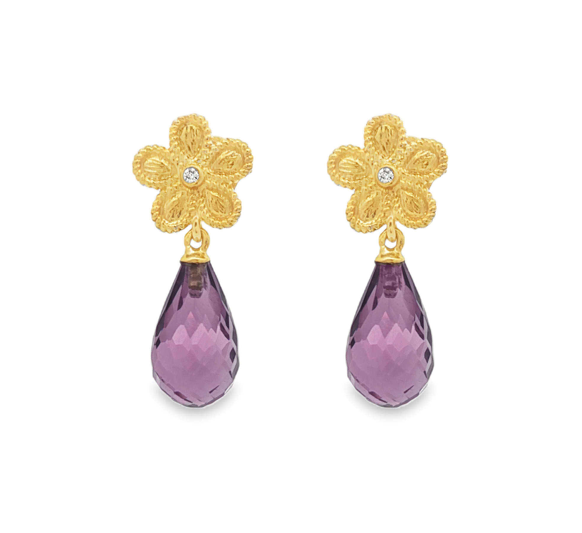 Daisy Earrings with Amethyst and Diamonds in 18K Gold