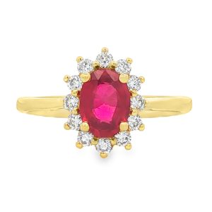 Oval-Cut Ruby and Diamond Halo Ring in 18K Gold