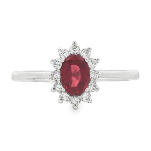 Oval-Cut Ruby and Diamond Halo Ring in 18K White Gold