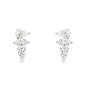 Vertical stud earrings with marquise and pear cut natural diamonds in 18k white gold