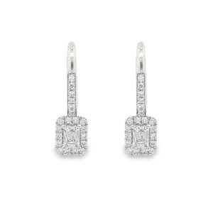 Halo Hoop Earrings with Emerald Cut Diamonds in 18K White Gold
