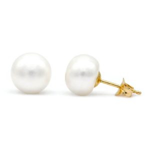 10.5-11mm White Button Biwa Pearl Stud Earrings in 14K Gold