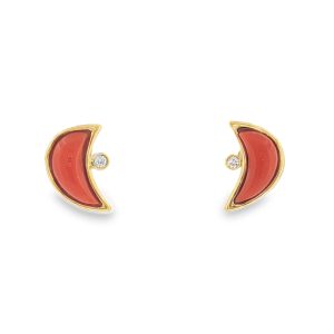 Crescent moon coral and diamond stud earrings in 18k yellow gold