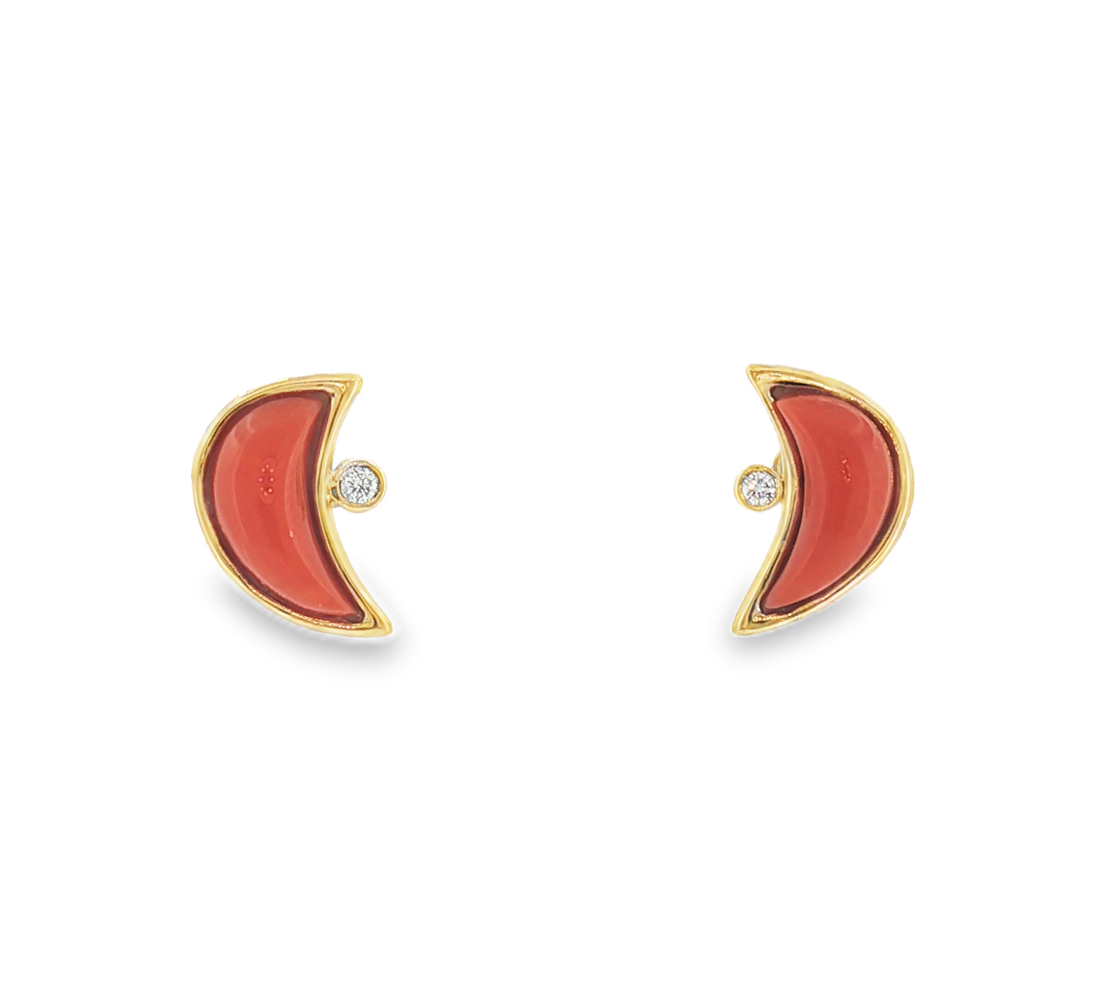 Crescent moon coral and diamond stud earrings in 18k yellow gold