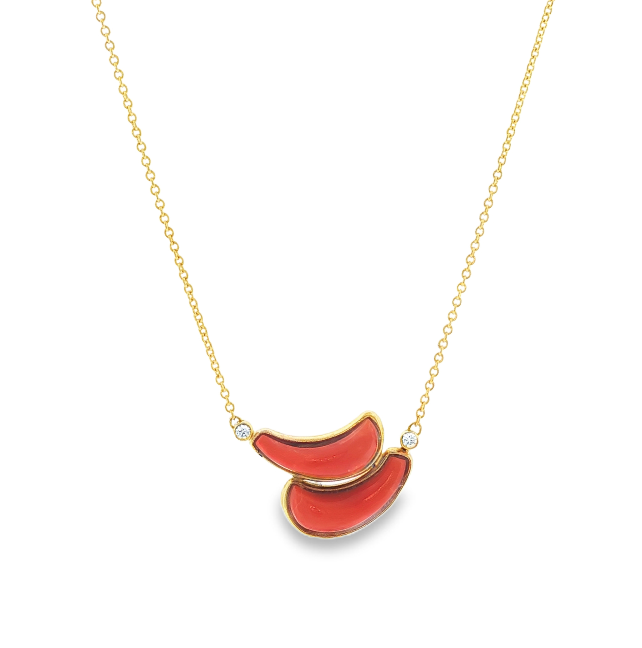 Coral and diamond necklace in 18k yellow gold