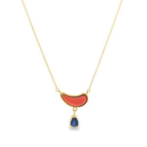 Coral and Sapphire necklace in 18k yellow gold