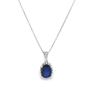 Sapphire and Diamond Halo pendant in 18K White Gold