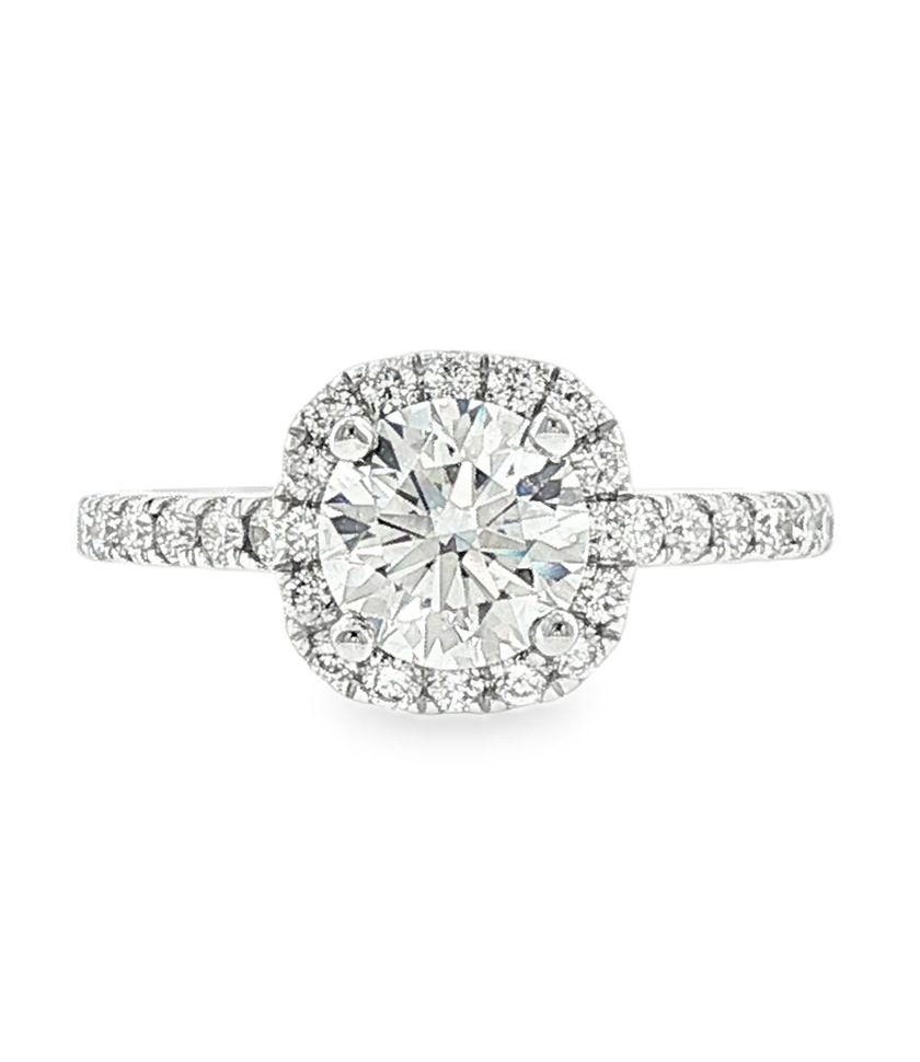 Round Halo Lab-Grown Diamond Engagement Ring with Side Stones in 18K White Gold