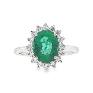 Oval Emerald Halo Ring with Diamonds 18k White Gold
