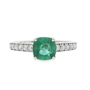 Emerald and Pavé Diamond Band Ring in 18K White Gold
