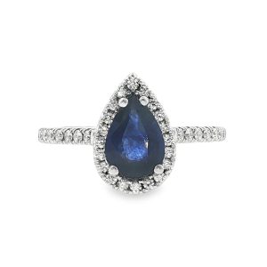Pear Shape Sapphire Ring with Diamond Halo in 18k White Gold