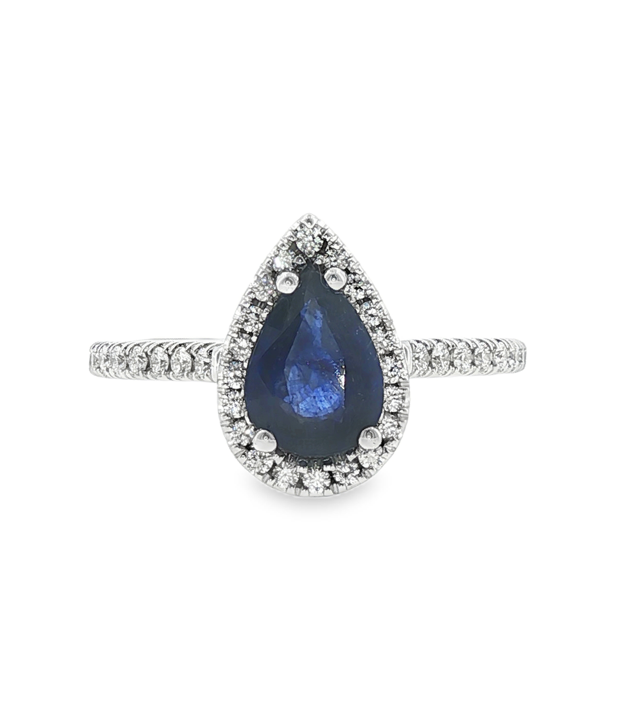 Pear Shape Sapphire Ring with Diamond Halo in 18k White Gold