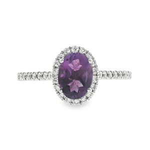 oval amethyst ring with diamond halo and pavé band 18k white gold