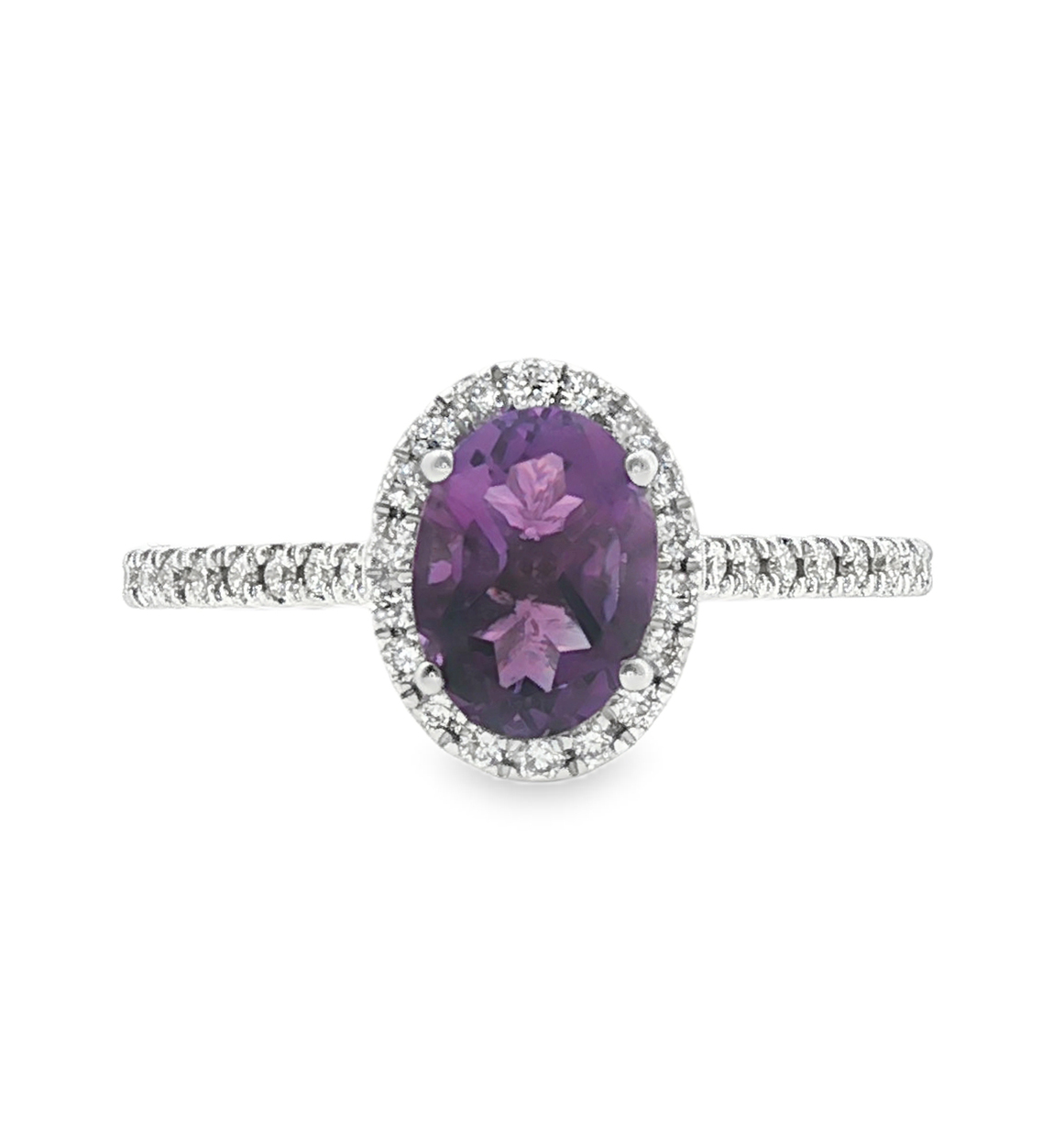 oval amethyst ring with diamond halo and pavé band 18k white gold