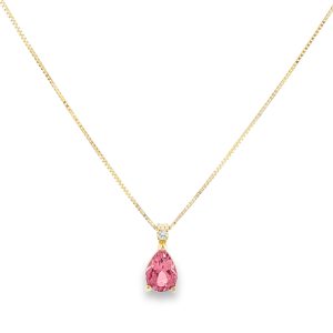 Pink Tourmaline Drop Necklace with Diamond in 18K Yellow Gold