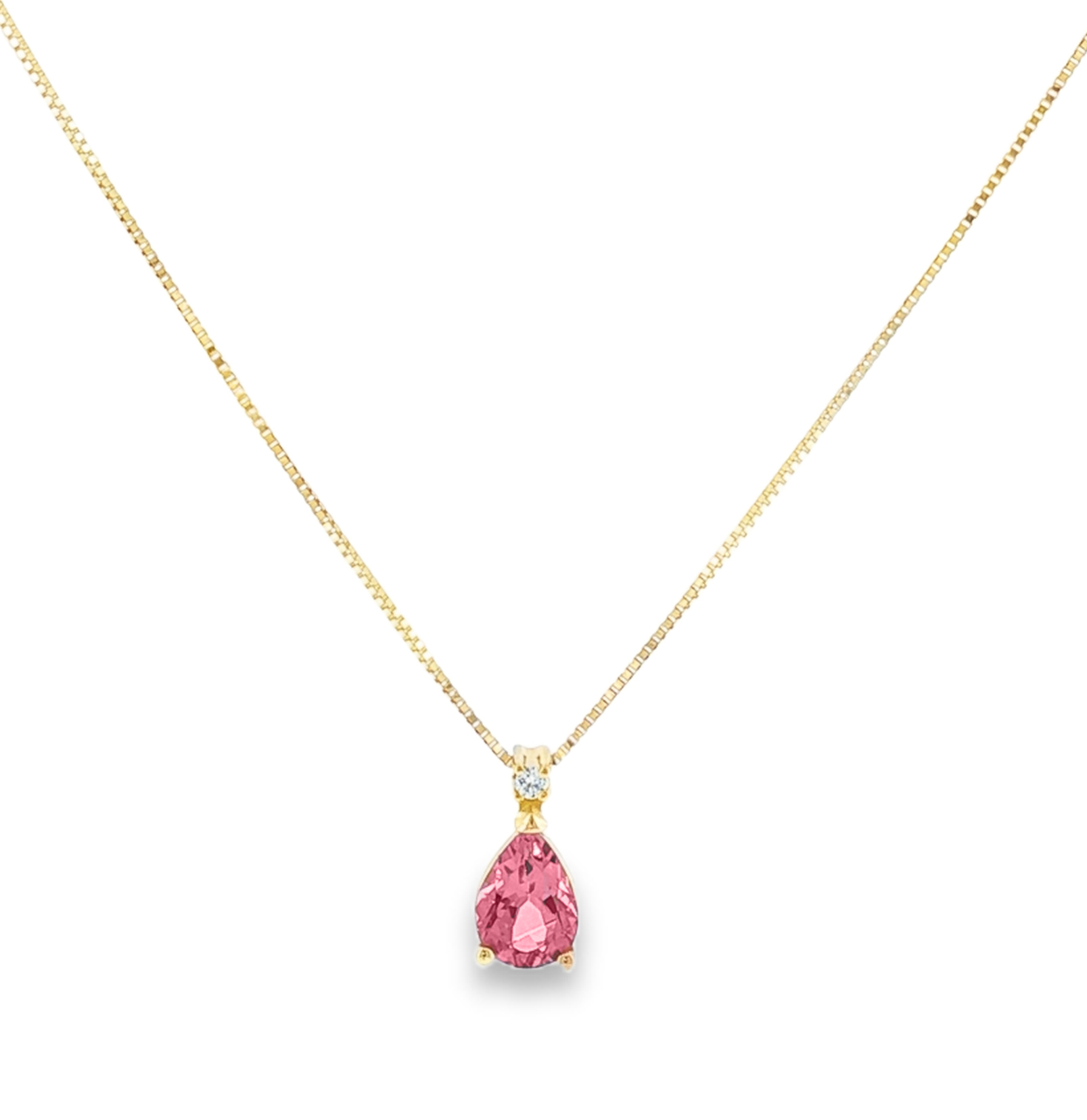 Pink Tourmaline Drop Necklace with Diamond in 18K Yellow Gold