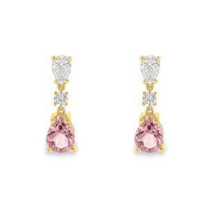 Pink tourmaline and natural diamond dangling earrings in 18k yellow gold