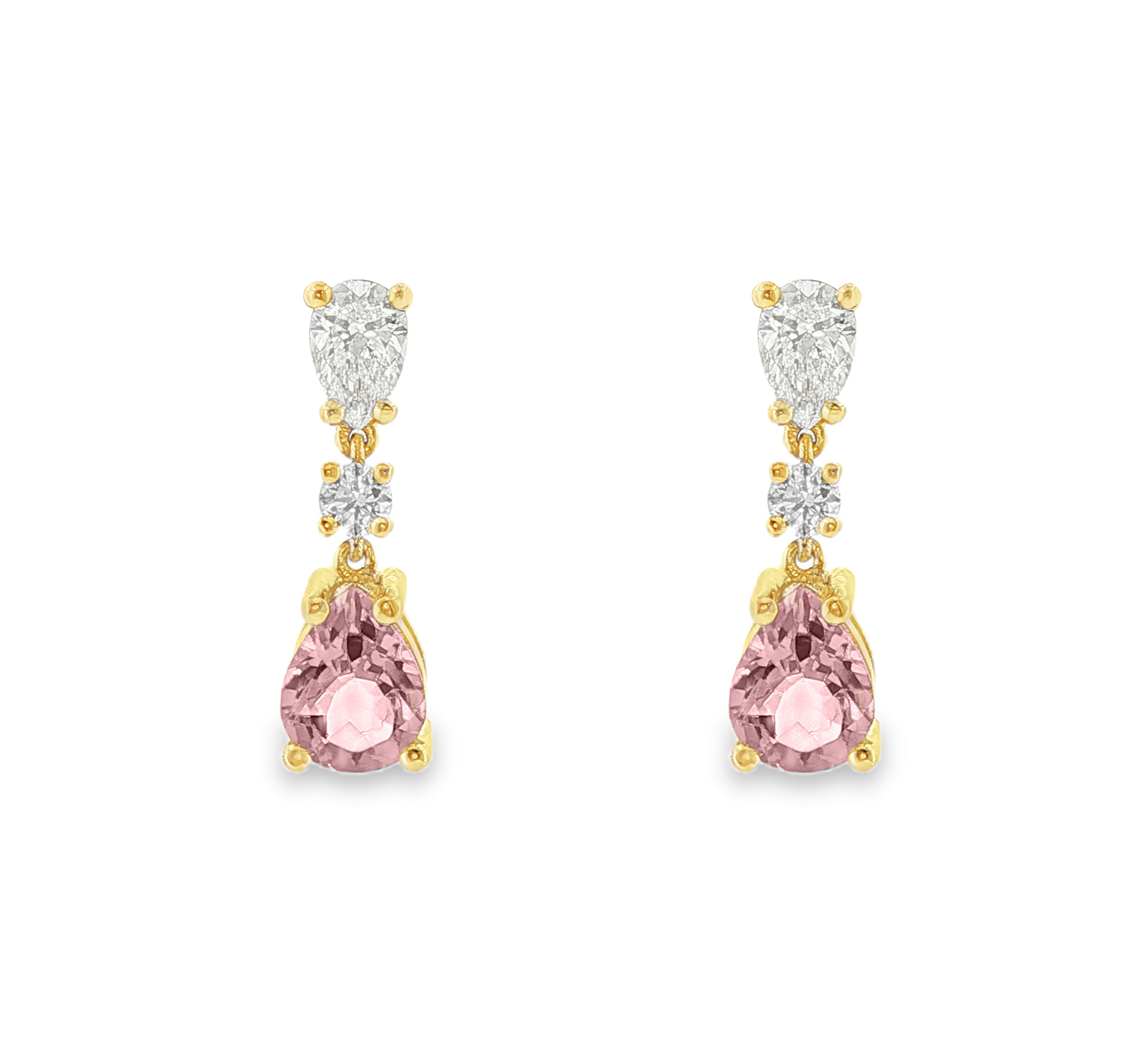 Pink tourmaline and natural diamond dangling earrings in 18k yellow gold