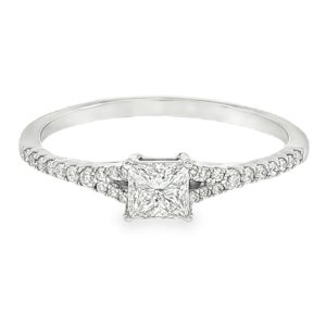 18K white gold engagement ring with a princess-cut diamond and pavé diamond band
