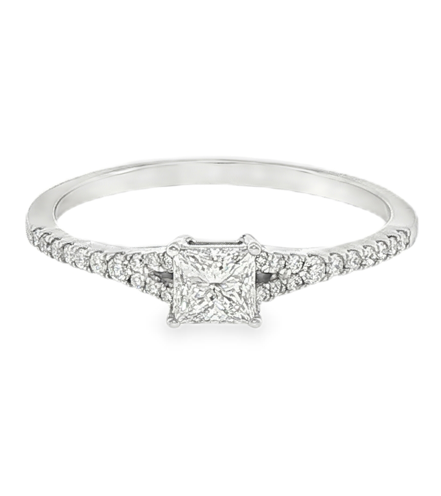 18K white gold engagement ring with a princess-cut diamond and pavé diamond band