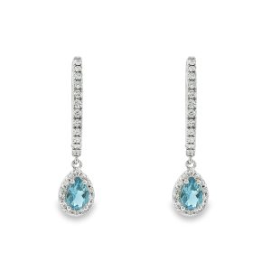 Handcrafted drop hoop earrings in 18k white gold with diamonds and aquamarine