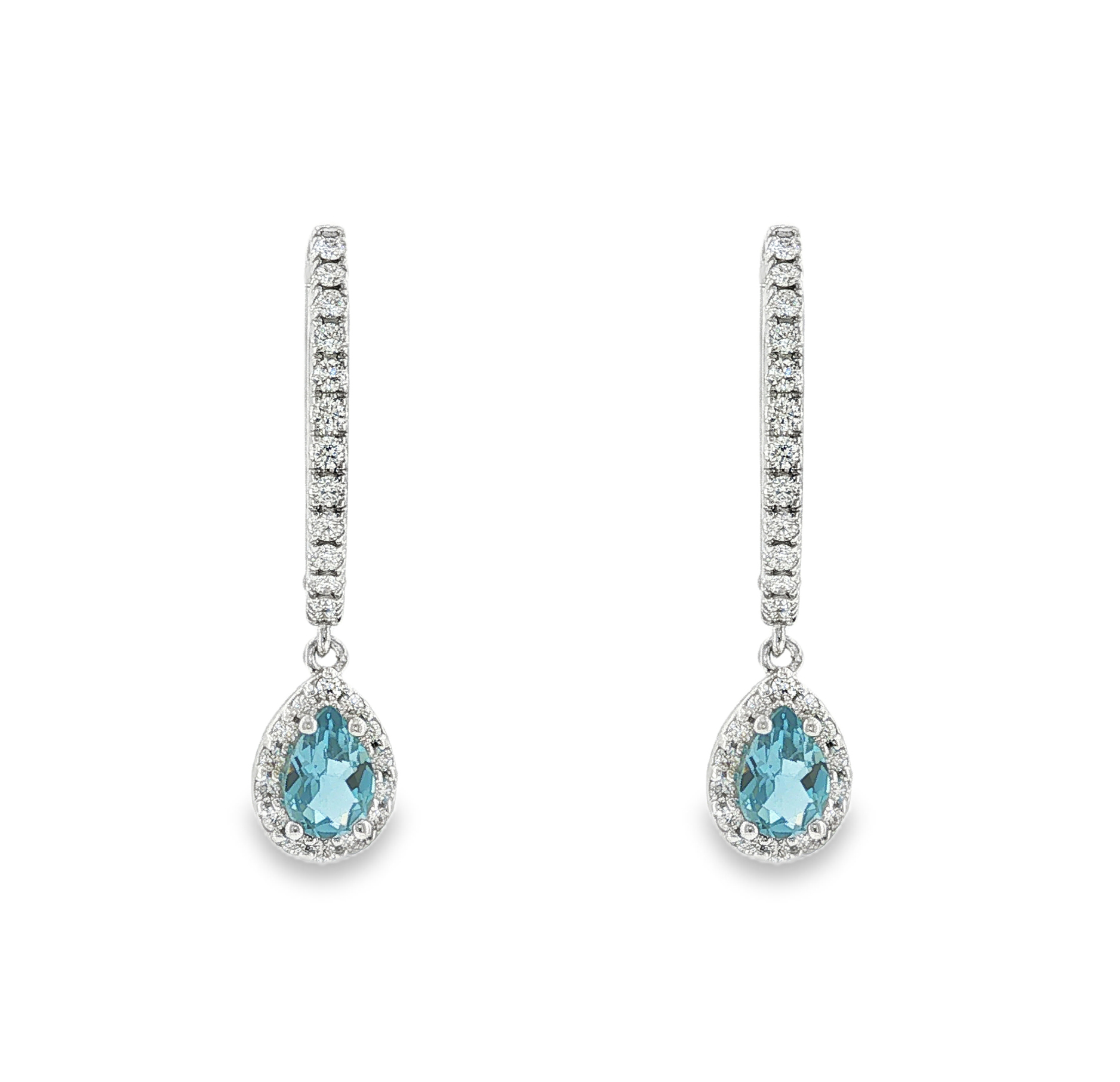 Handcrafted drop hoop earrings in 18k white gold with diamonds and aquamarine