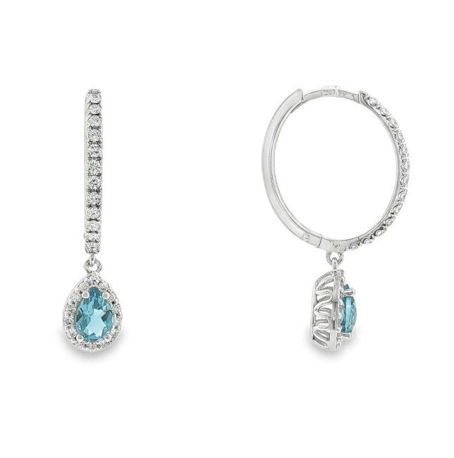 Κρεμαστά Σκουλαρίκια με Ακουαμαρίνα και Διαμάντια σε Λευκό Χρυσό Κ18