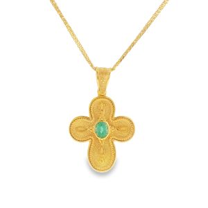 Byzantinte emerald cross pendant in 14k yellow gold