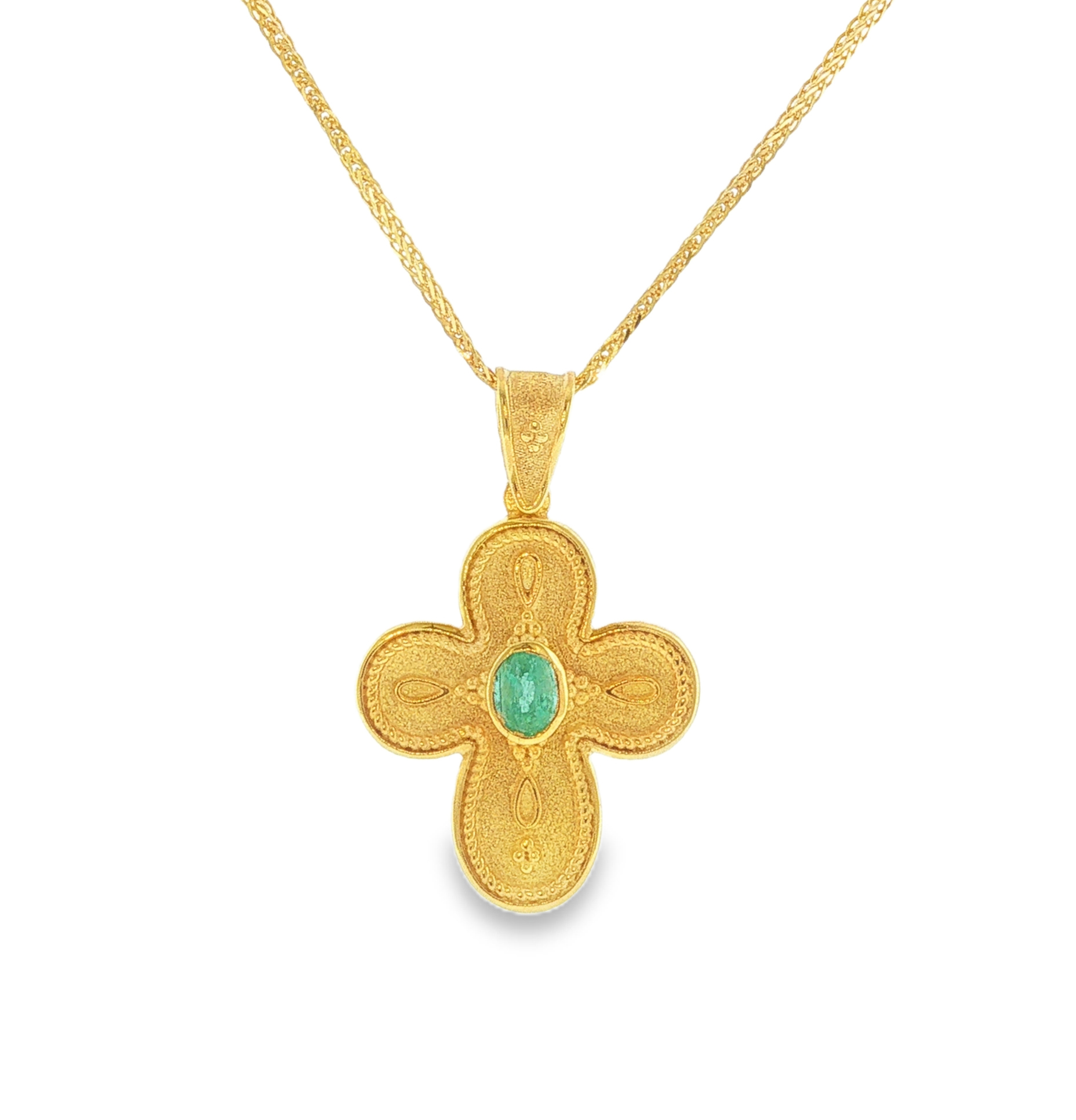 Byzantinte emerald cross pendant in 14k yellow gold