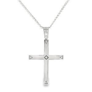 Geometric Cross Pendant with Zirconia in 14K White Gold