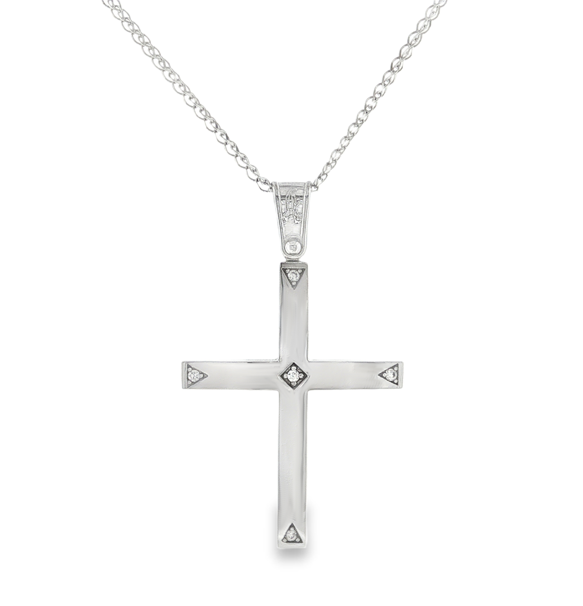Geometric Cross Pendant with Zirconia in 14K White Gold