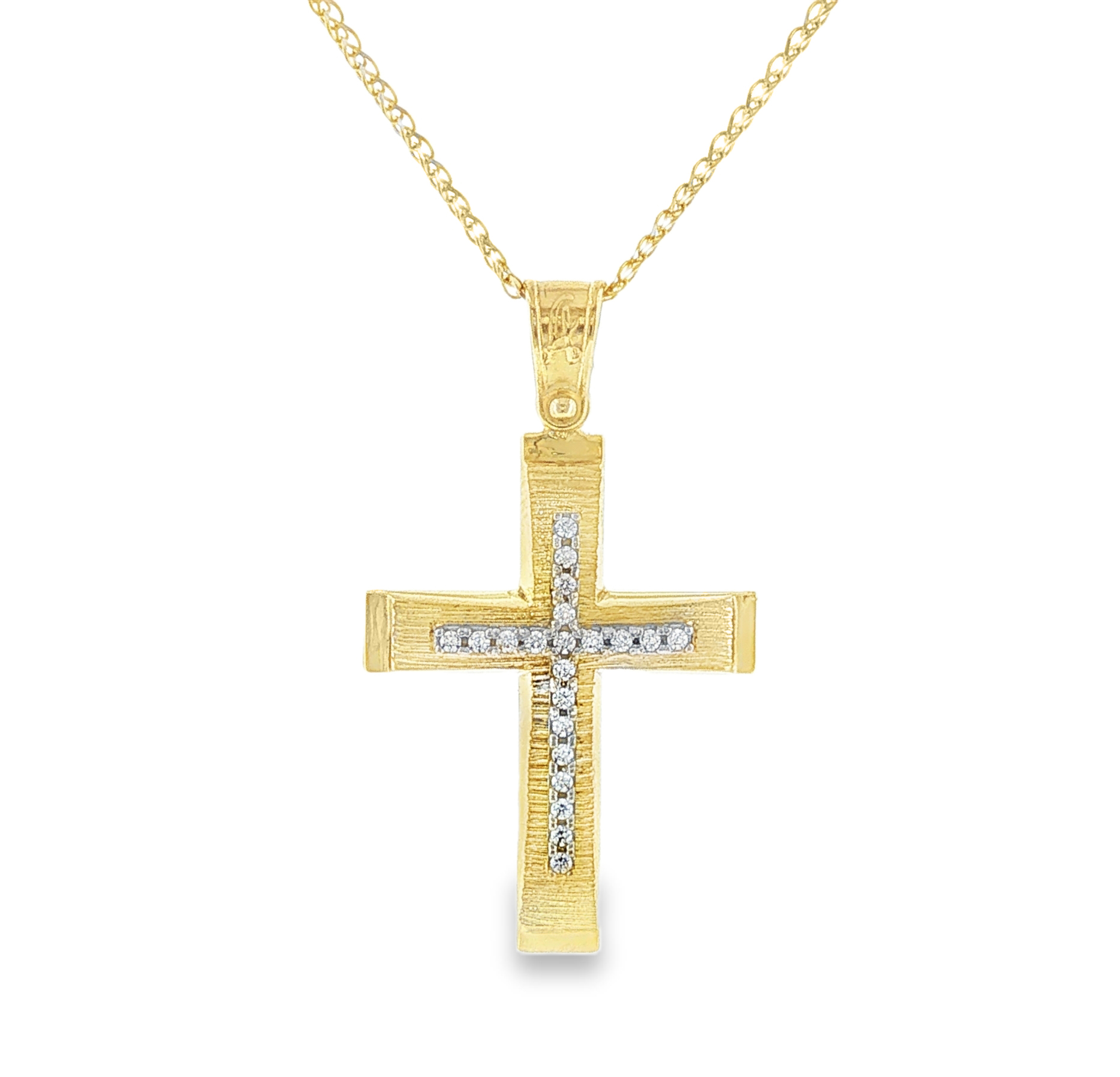 Brushed Cross Pendant with Zirconia Cross Detail in 14K Gold