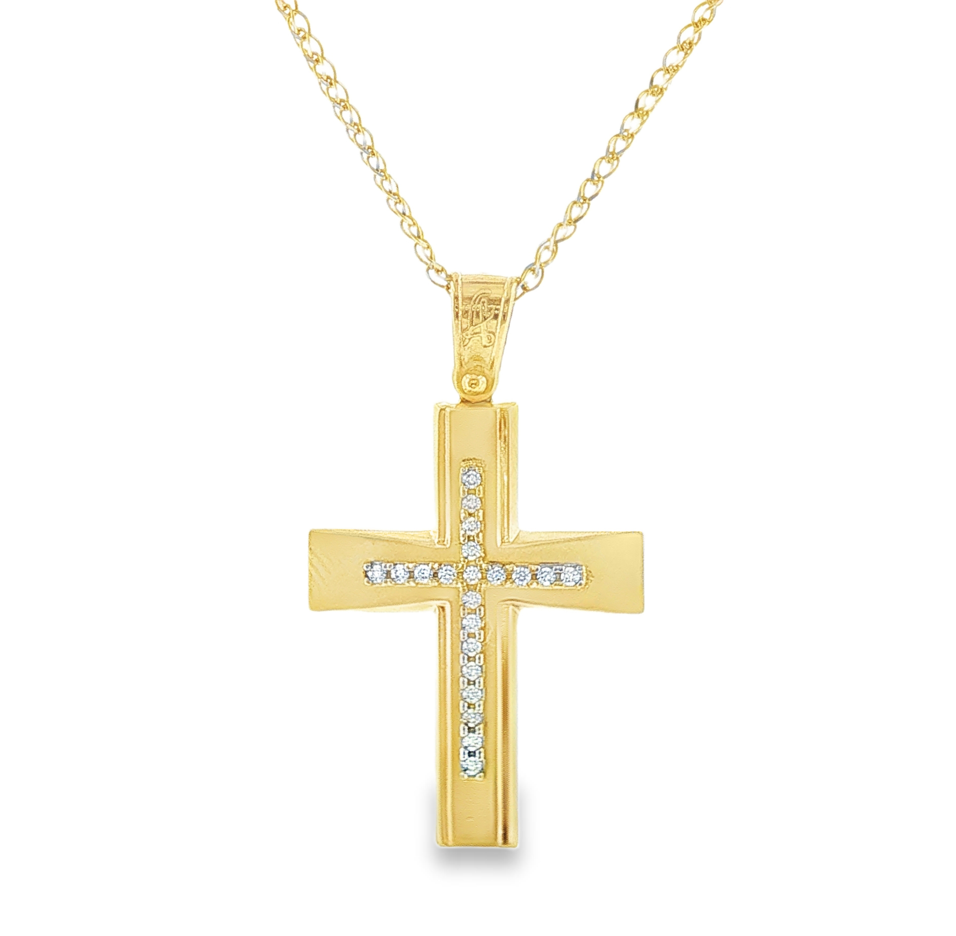 Cross Pendant with Vertical Zirconia Cross Detail in 14K Gold