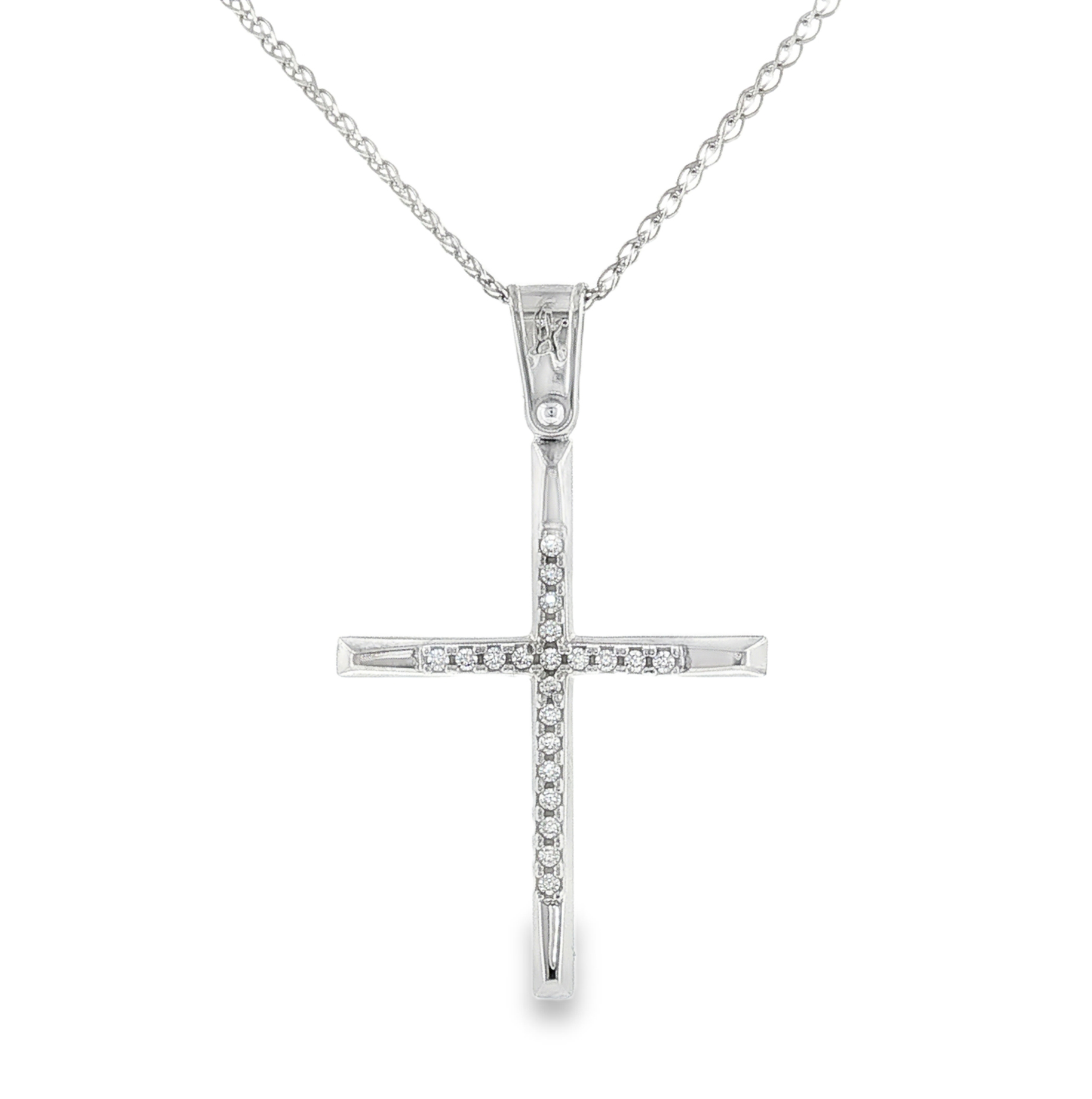 14K White Gold CZ Cross Pendant