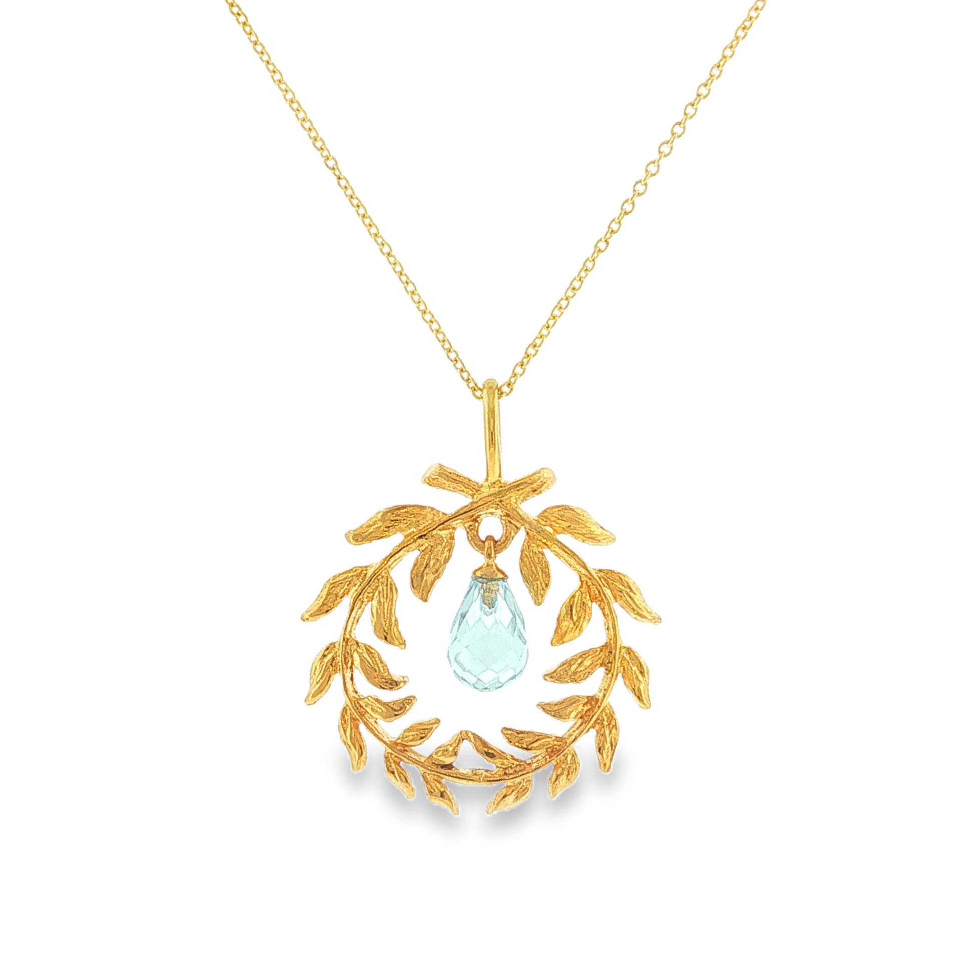 Olive Wreath Pendant with Blue Topaz in 18K Gold