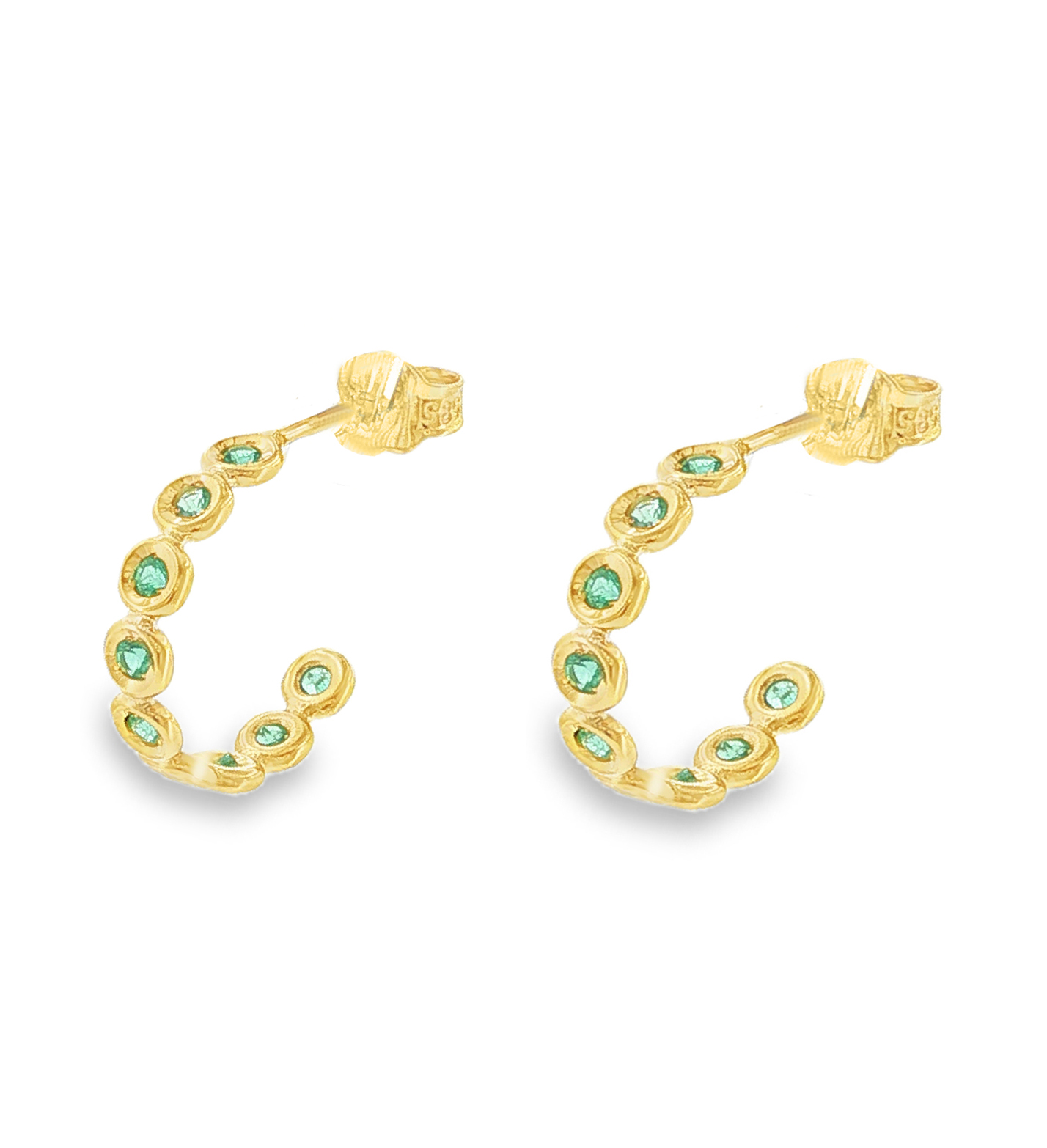 Open Hoop Stud Earrings with Emeralds in 14K Gold