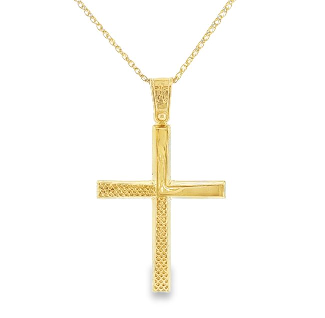 Σταυρός με Ανάγλυφη Υφή και Γυαλιστερό Φινίρισμα σε Χρυσό Κ14