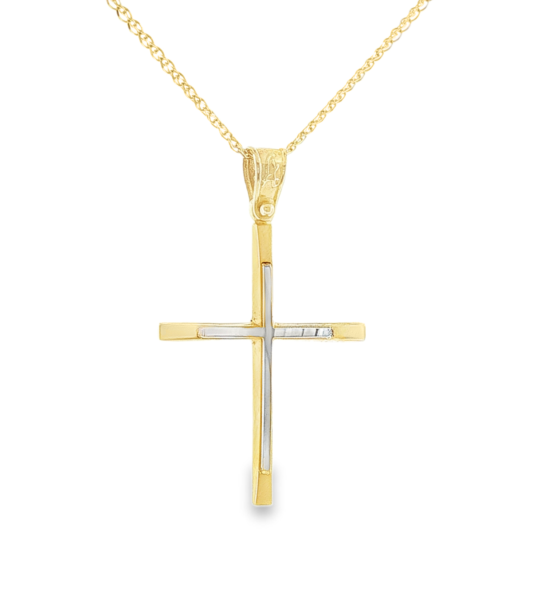 Slim Two-Tone Cross Pendant with White Gold Inlay in 14K Gold