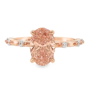 Solitaire Ring with an Pink Oval 1.51ct Lab-Grown Diamond, Hidden Halo and Accents Stones in 18K Rose Gold