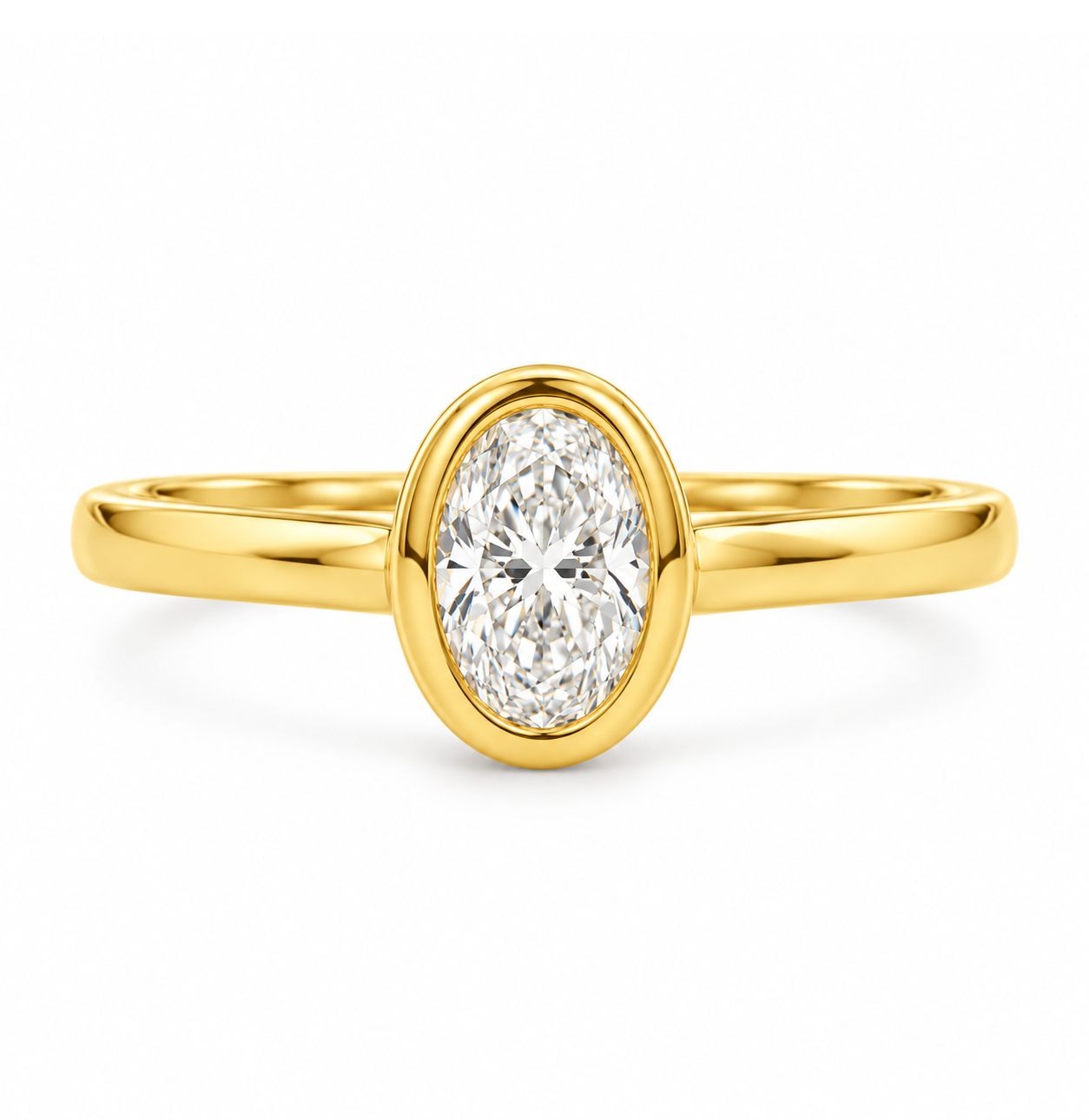 18K yellow gold engagement ring featuring an oval natural diamond in a sleek bezel design, paired with a polished band for a clean, modern finish.